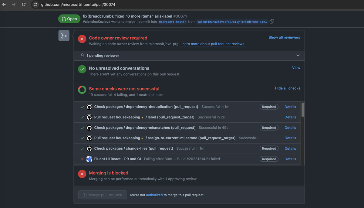 CI checks on a Pull Request on Microsoft Fluent UI GitHub