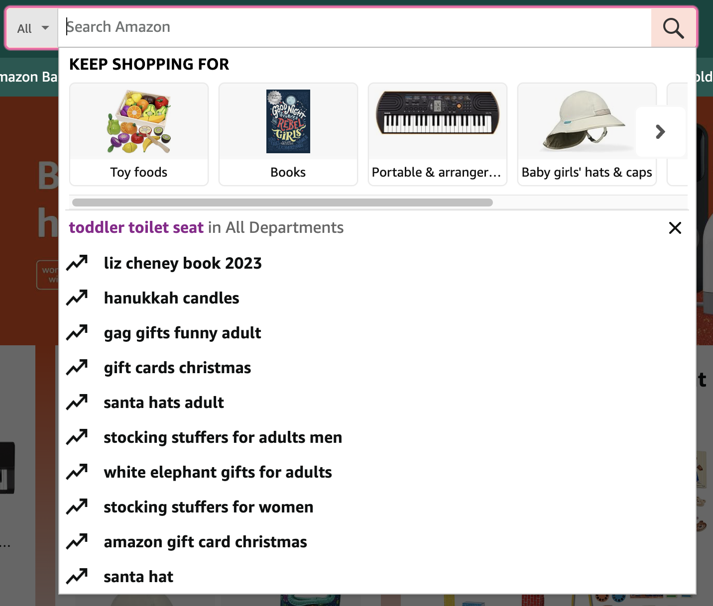 A screenshot of the Amazon search box, with toddler results